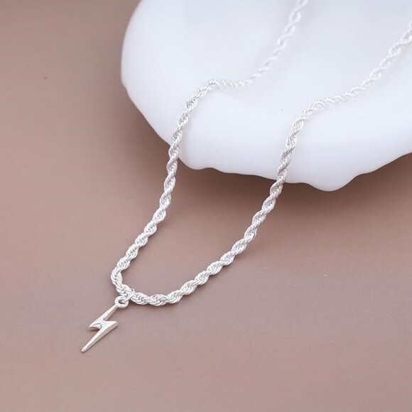 Silver Rope Chain Necklace with Lightning Bolt Pendant –Trendy Statement Jewelry - Picture 7 of 7